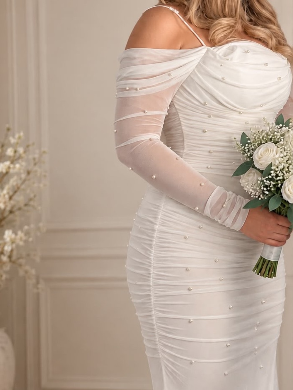 Windsor Color: White/Ivory Off-Shoulder Ruched Bridal Gown with Pearl Accents